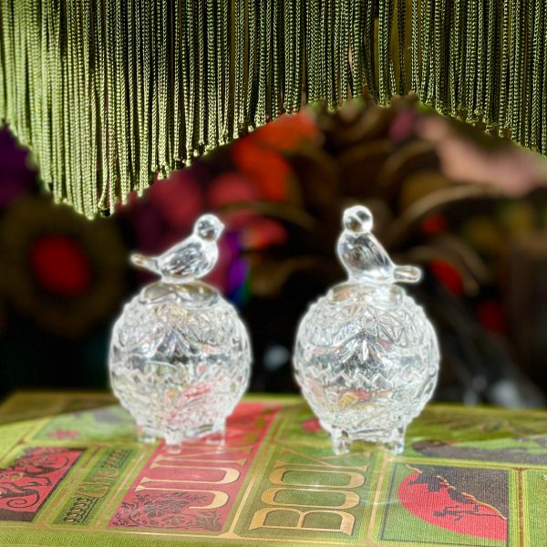 2 prydnadsaskar av kristall med fåglar från Lucyna Crystal