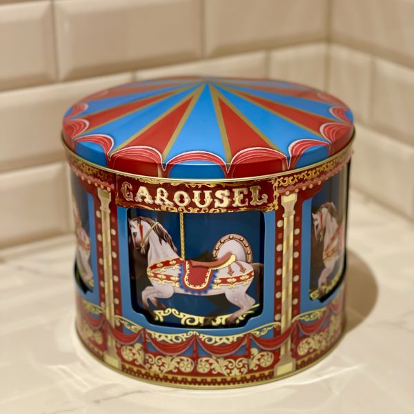 Plåtburk speldosa stor "Karusellhästar"