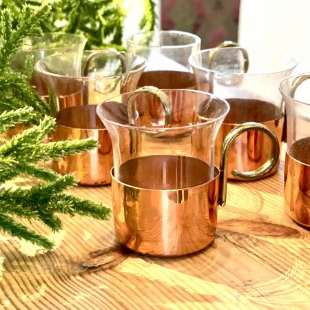 6 glöggmuggar i glas med hållare i koppar