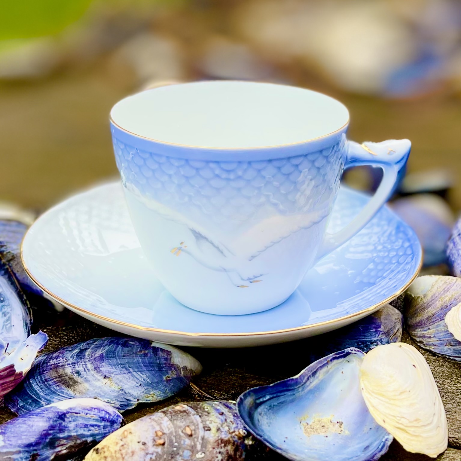 Kaffekopp med fat (guldkant) ?Blå Måsen? Bing & Grøndahl