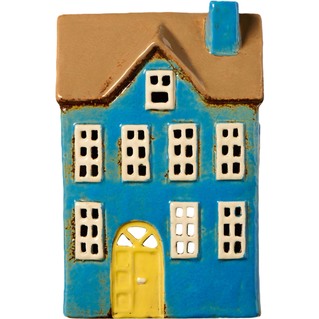 Ljuslykta hus Visby blått med gul dörr